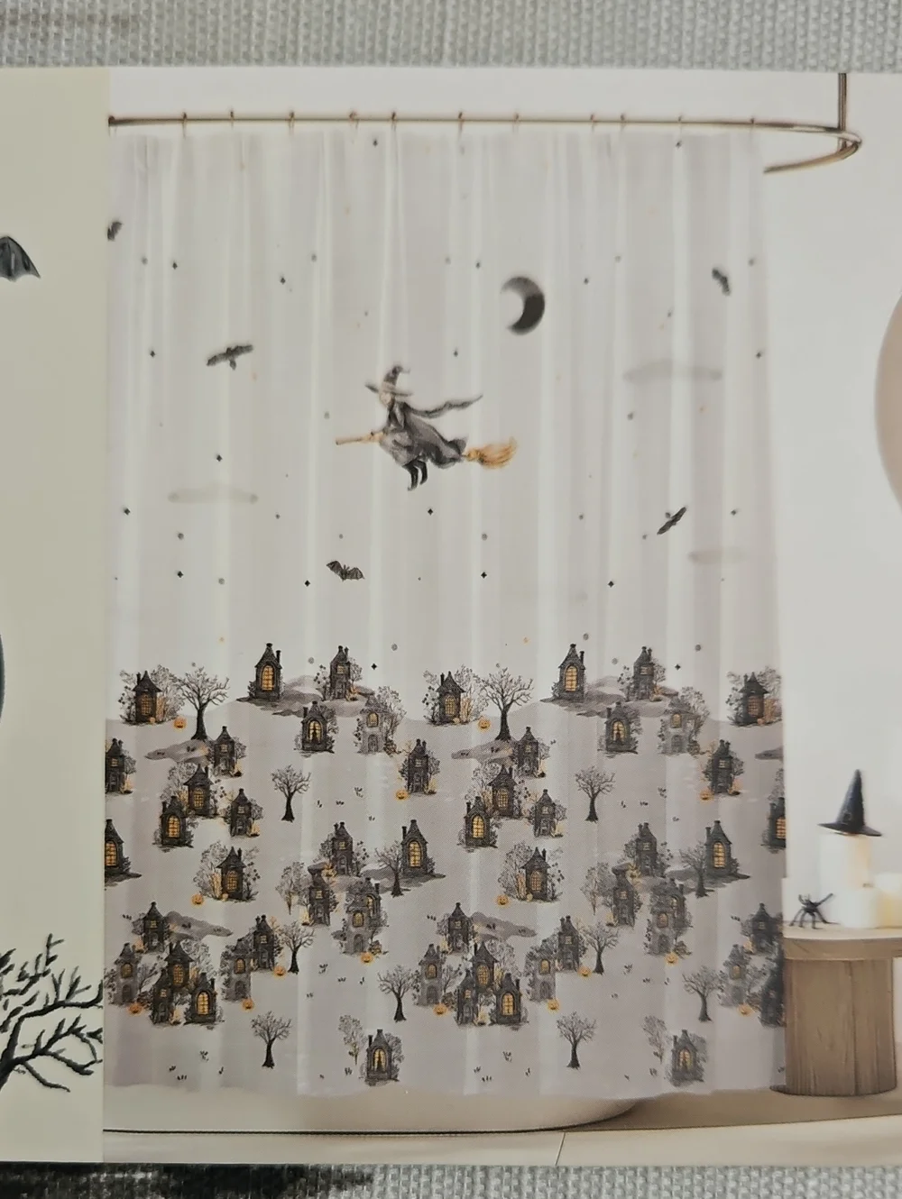 Willow Wonders Witch Flying Over Halloween Village Shower Curtain